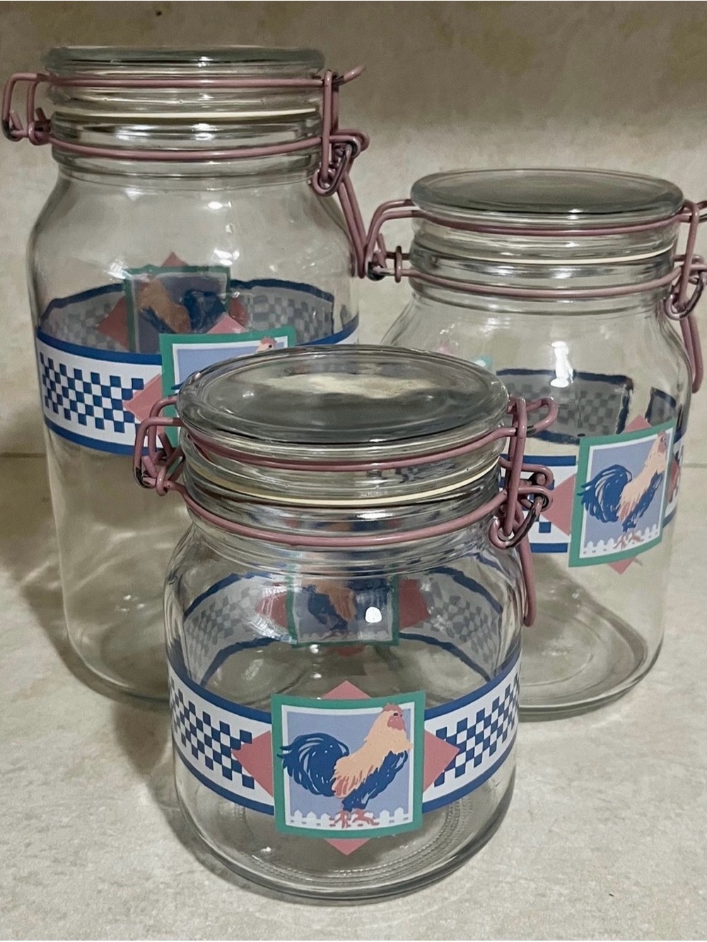 Vintage Glass Kitchen Canister Set with Pink clips and Rooster Design